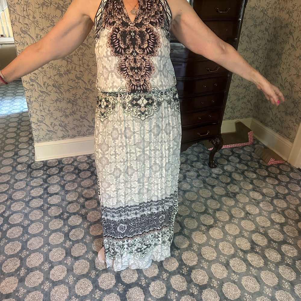 Hale Bob medium M halter Cream and Black Maxi dress double side slits